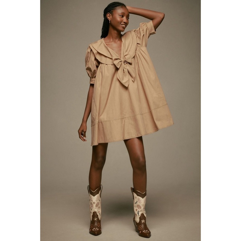 Pilcro Dress S Tan Sailor Collar Tie Front Puff Sleeve Cotton Mini Babydoll Boho